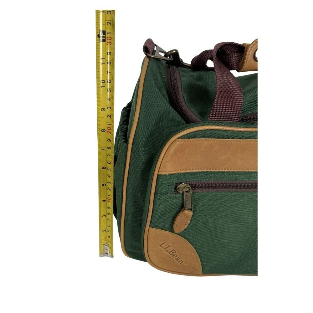 LL Bean Duffle Bag Carry On Small Green Canvas & Leather Straps Vintage